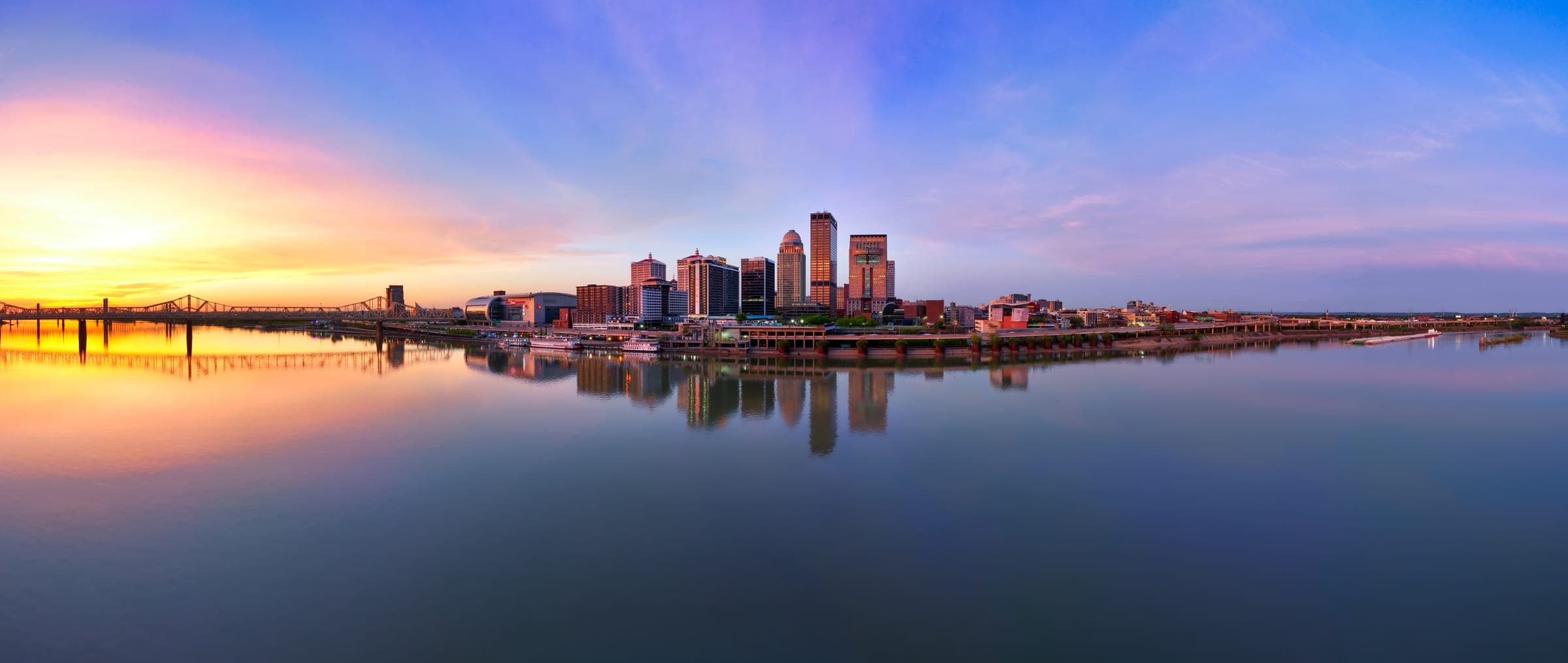 The Louisville, Kentucky skyline and Ohio River at sunset